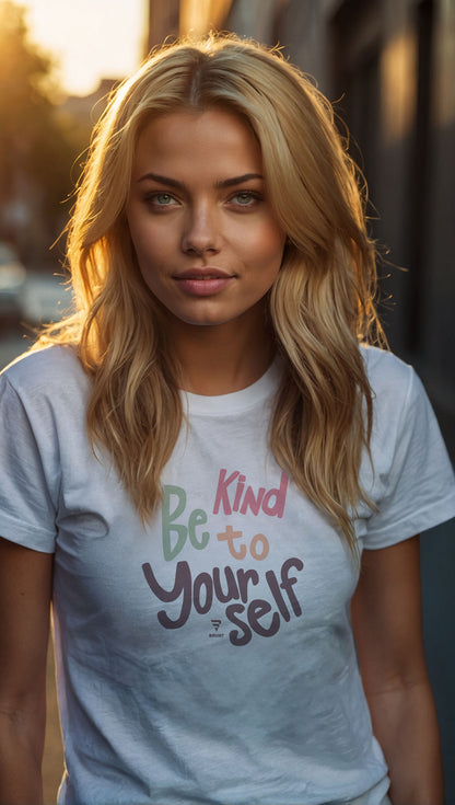 "Be Kind to Yourself" women’s T-shirt – a gentle reminder to practice self-love and compassion.